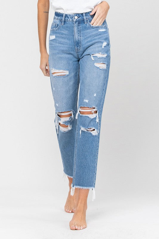 Distressed mom-jeans met ruwe zoom