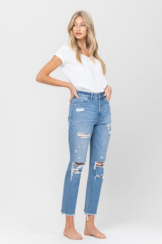 Distressed mom-jeans met ruwe zoom