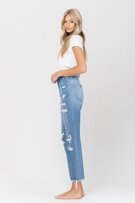 Distressed mom-jeans met ruwe zoom