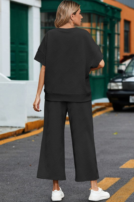 Textured Top and Drawstring Pants Set