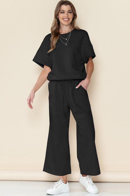 Textured Top and Drawstring Pants Set