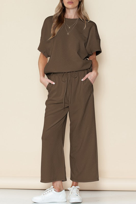 Textured Top and Drawstring Pants Set