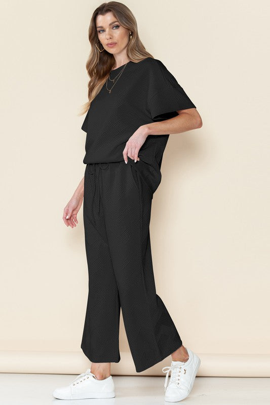 Textured Top and Drawstring Pants Set