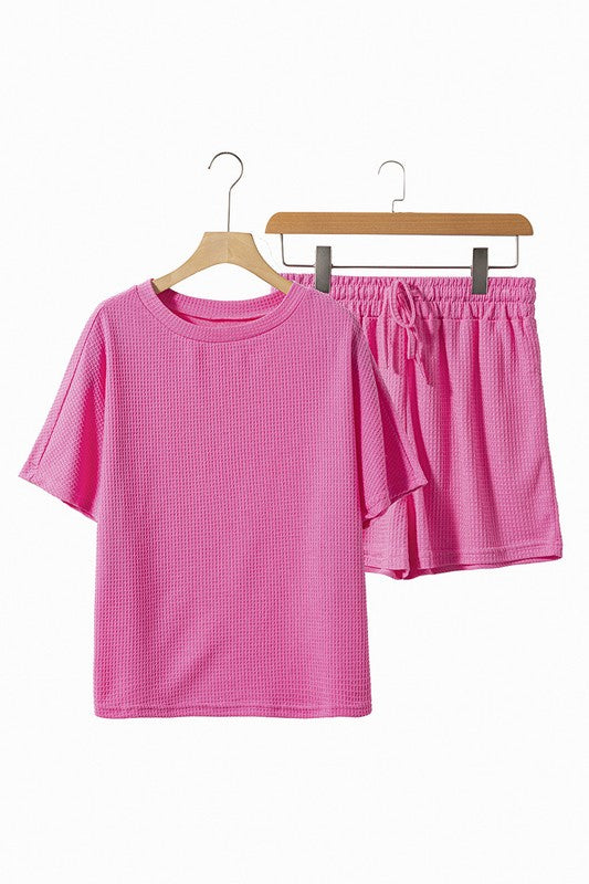 Textured Tee and Drawstring Shorts Set