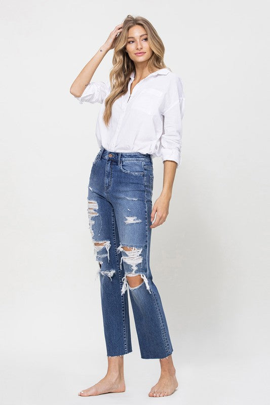 Distressed relaxte rechte jeans met hoge taille en enkel