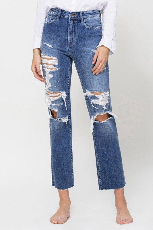 Distressed relaxte rechte jeans met hoge taille en enkel