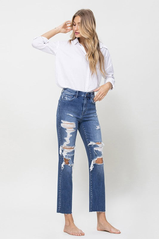 Distressed relaxte rechte jeans met hoge taille en enkel