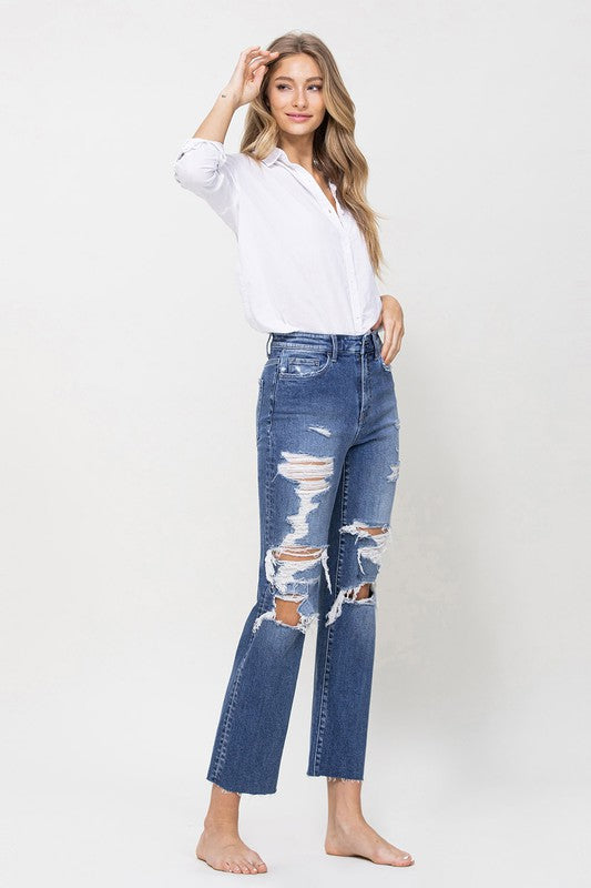 Distressed relaxte rechte jeans met hoge taille en enkel