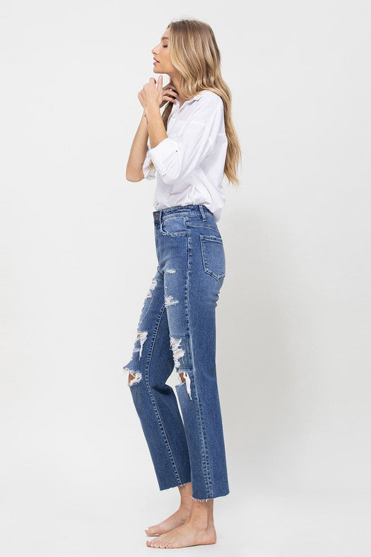 Distressed relaxte rechte jeans met hoge taille en enkel